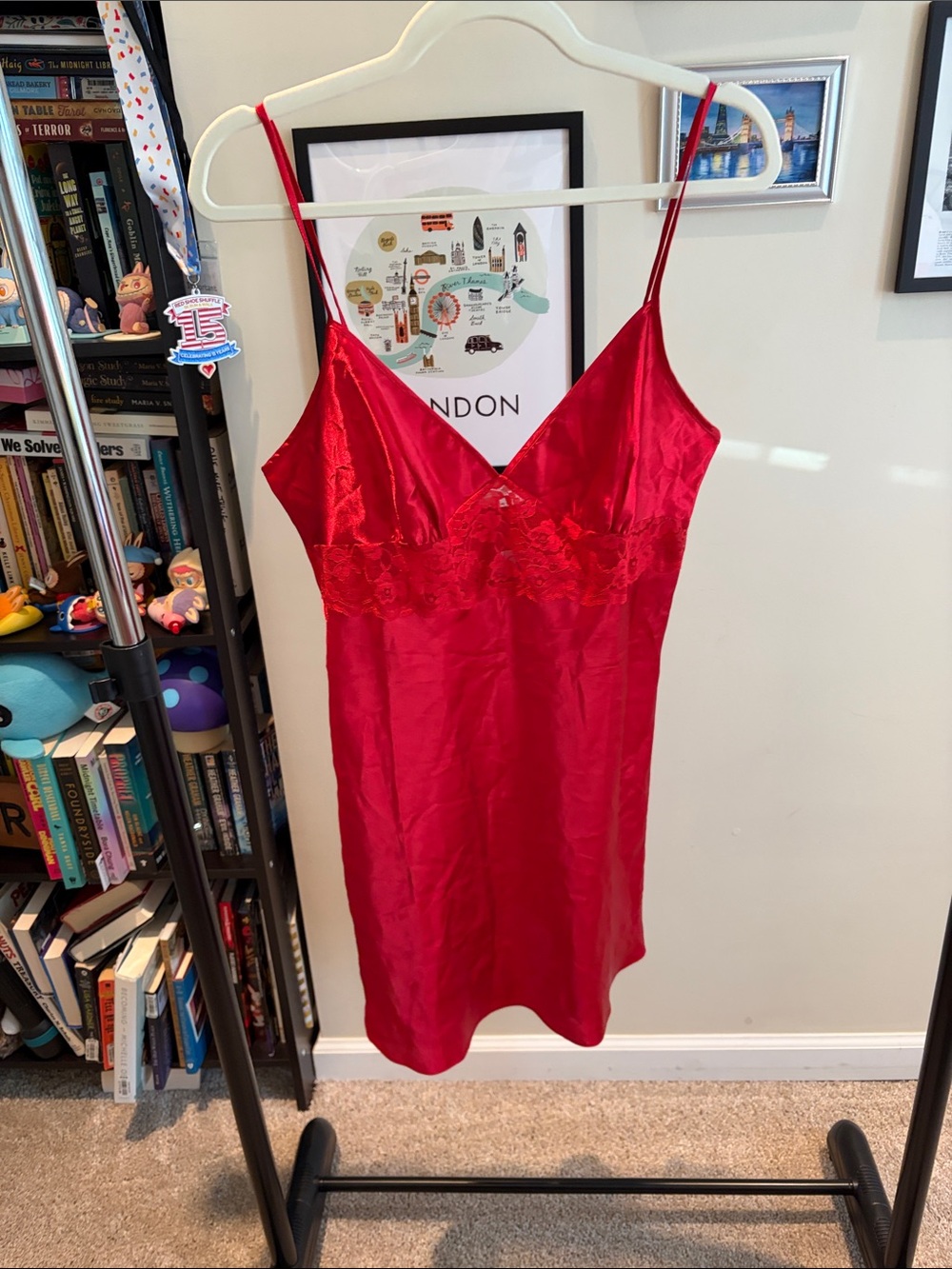 Red Satin Slip Dress - Ladies Lace Trim Chemise